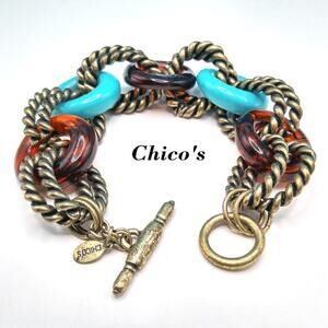 Chico’s Gold Tone Link Bracelet Faux Turquoise Tortoise Shell Toggle Clasp